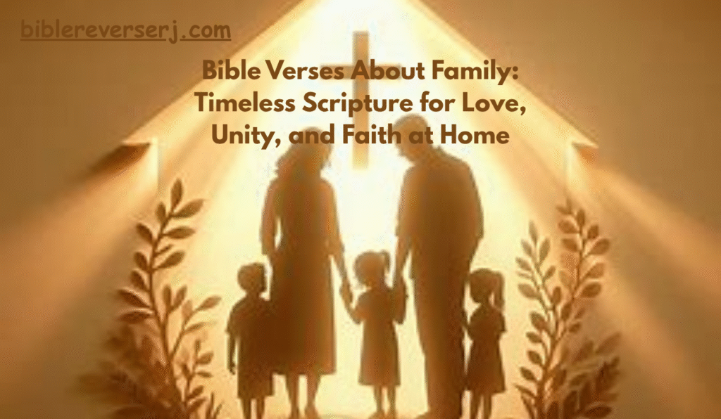 "Christian family reading Bible verses about family together in the living room"