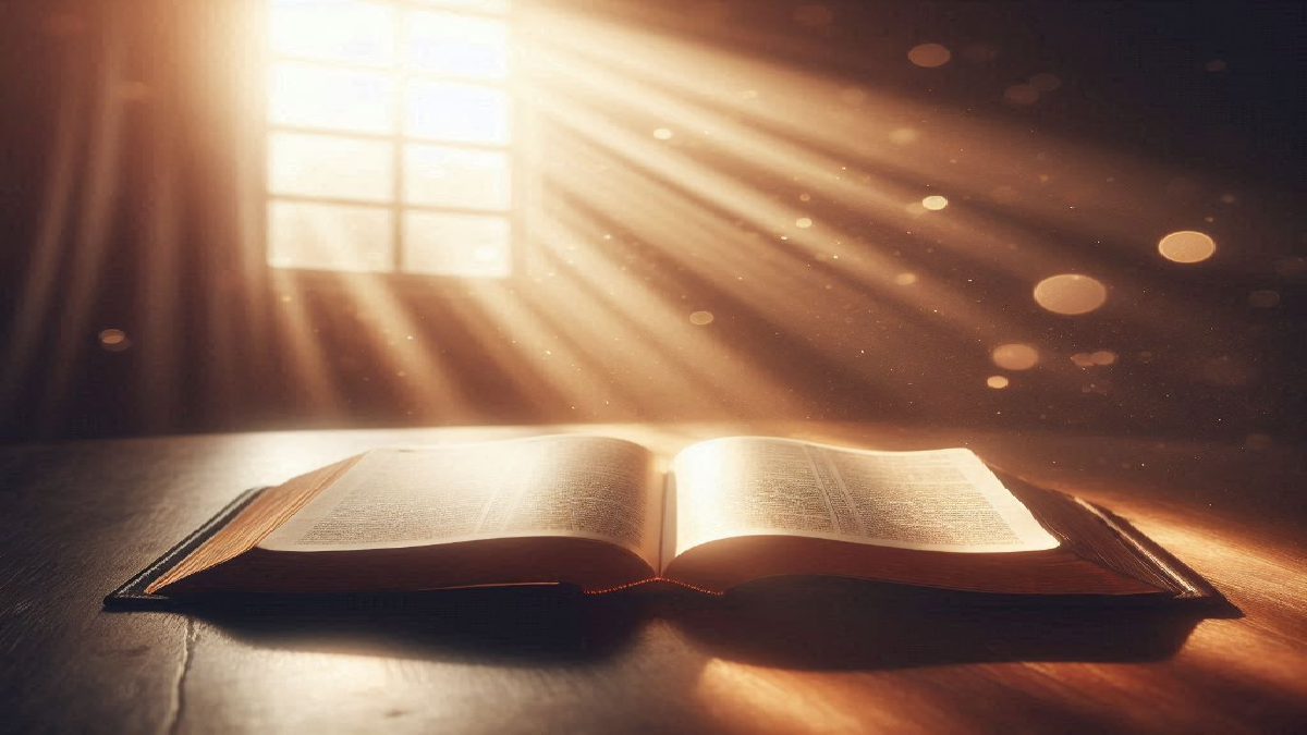 An open Bible illuminated by bright sunlight shining through a window, symbolizing God's love and eternal life for John 3:16.