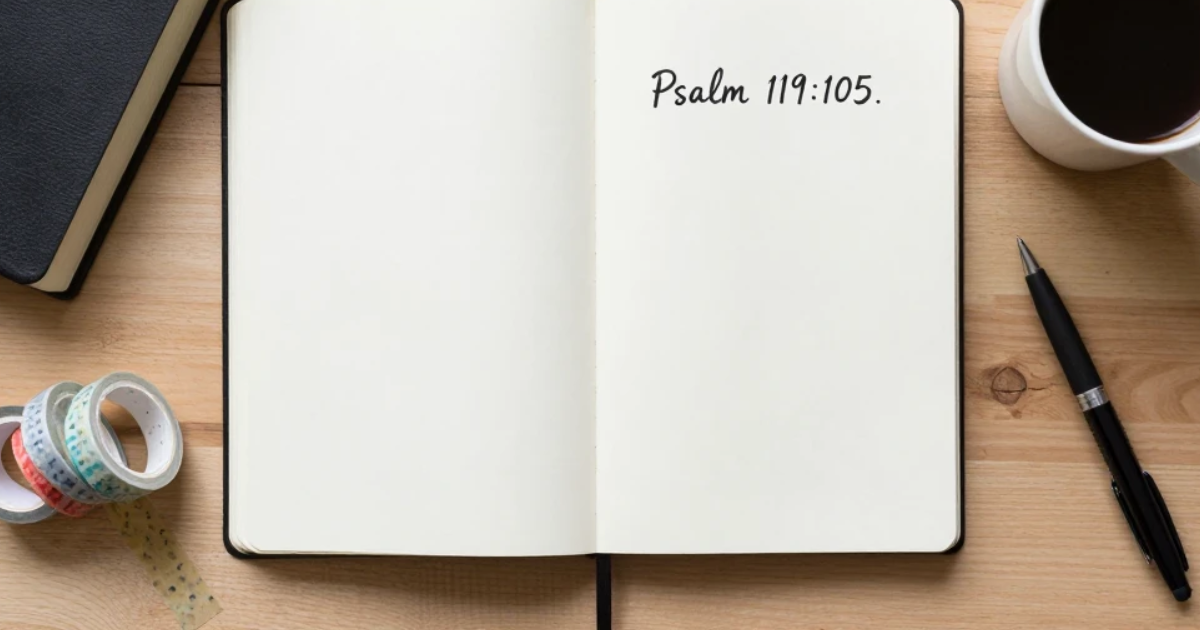 Flat lay of an open creative Bible journaling for beginners notebook with colorful washi tape and a closed Bible.