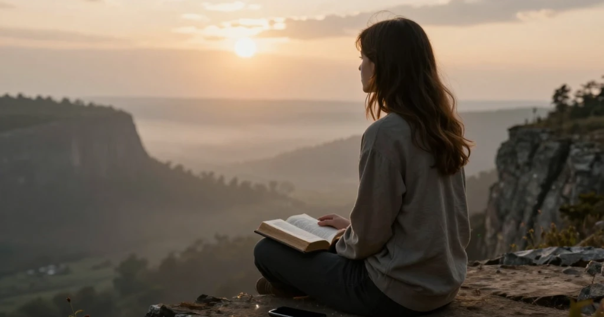 A reflective woman sitting at sunrise with an open Bible and a silent phone, finding mental peace in a busy digital age.