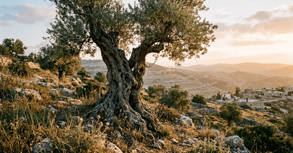 Ancient olive tree in biblical landscape representing the symbolism of olive trees in scripture