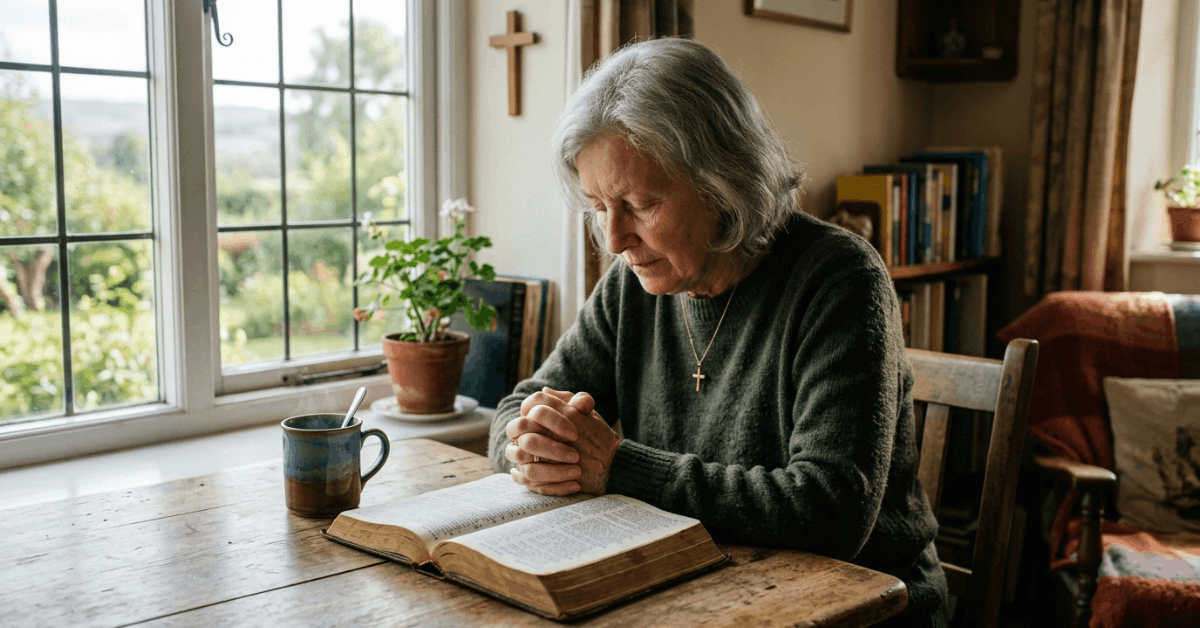 A person praying beside an open Bible in a peaceful morning setting.